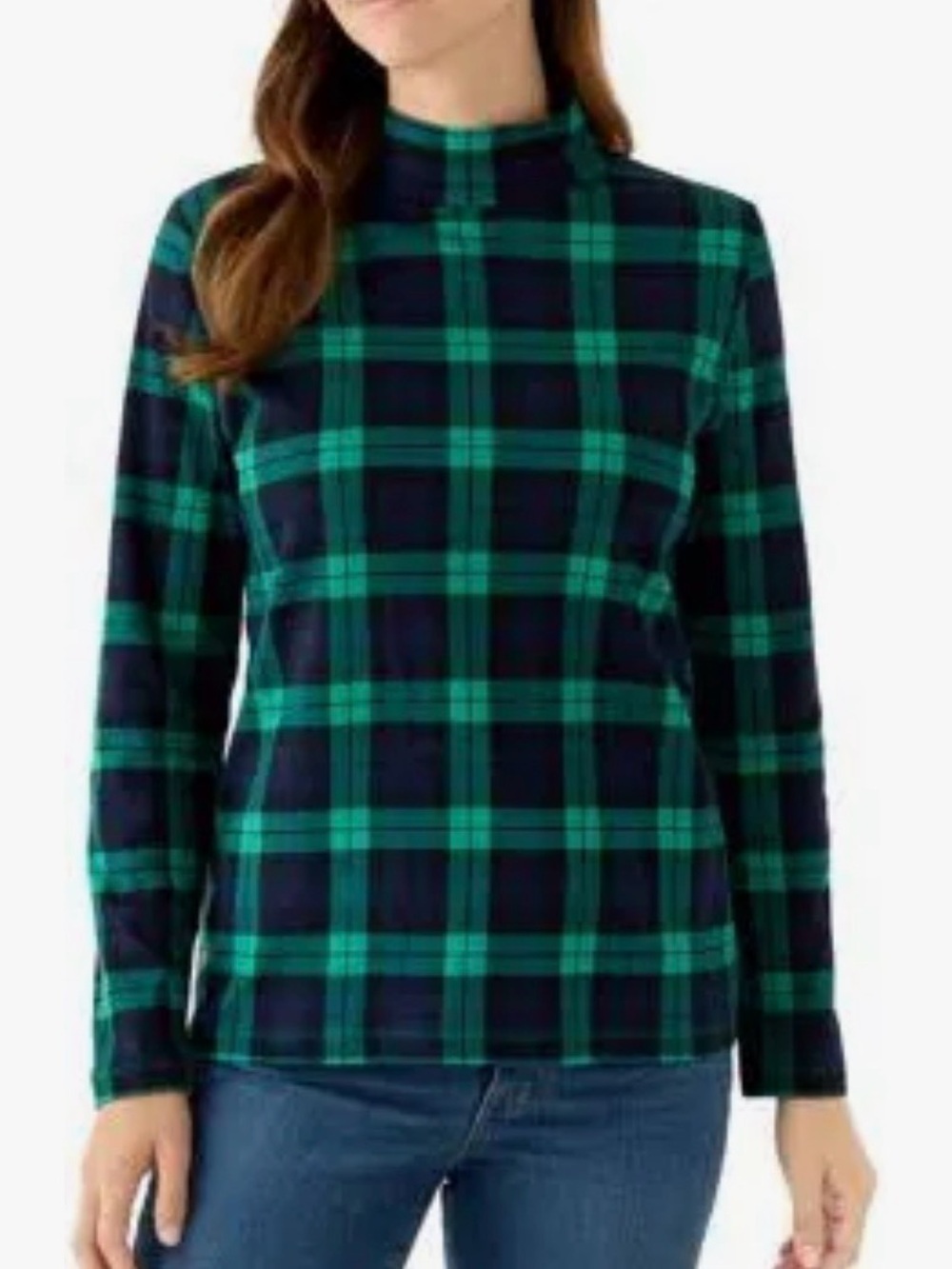 Kim Rogers Plaid Long Sleeve Mockneck Shirt Green Large NWT